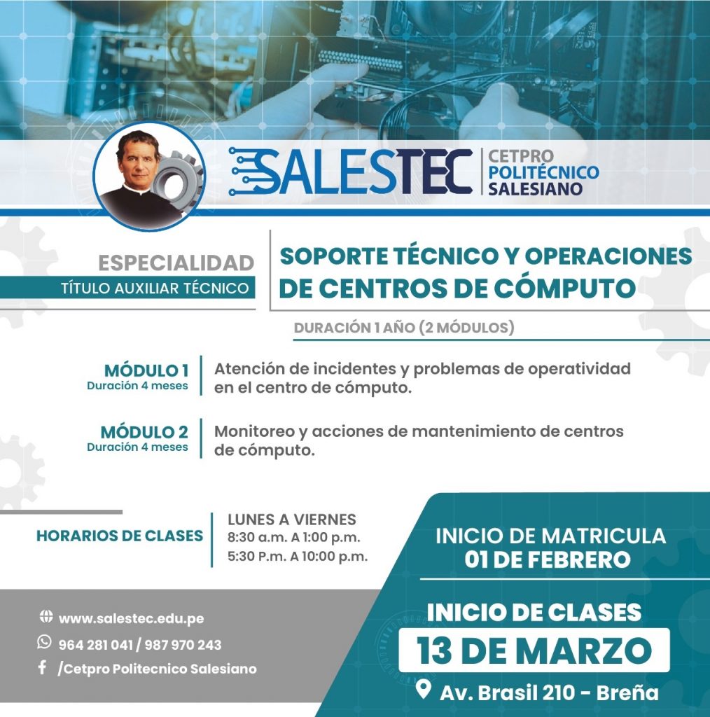 Estudia Soporte Tecnico Y Operaciones De Centros De Computo - Cetpro  Politecnico Salesiano